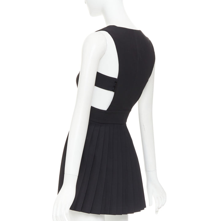 FAUSTO PUGLISI black crepe multi pleated cut out V neck mini dress IT38 XS