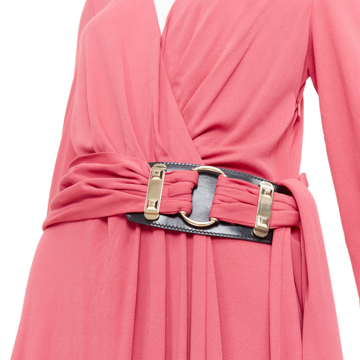 GUCCI 2007 pink viscose gold link buckle asymmetric drape wrapped midi dress M