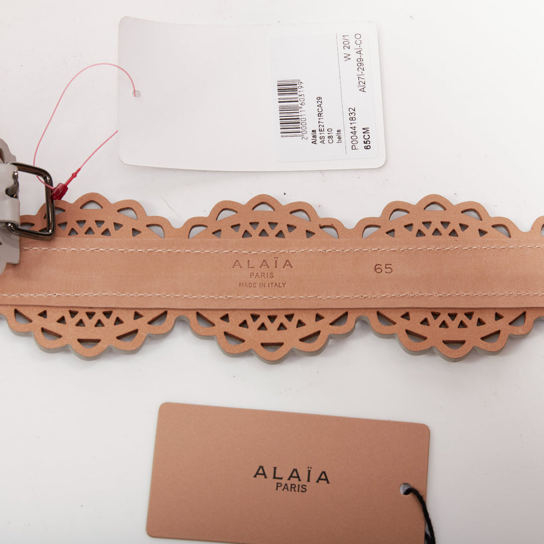 ALAIA light grey leather laser cut details silver buckle scallop belt 65cm