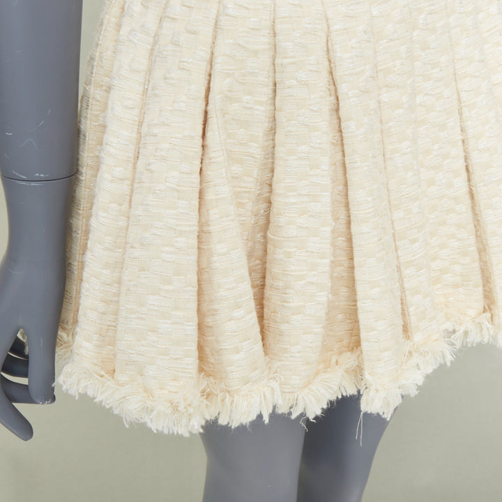 BALMAIN cream frayed pleated cotton tweed curved waist skater skirt FR34 XXS