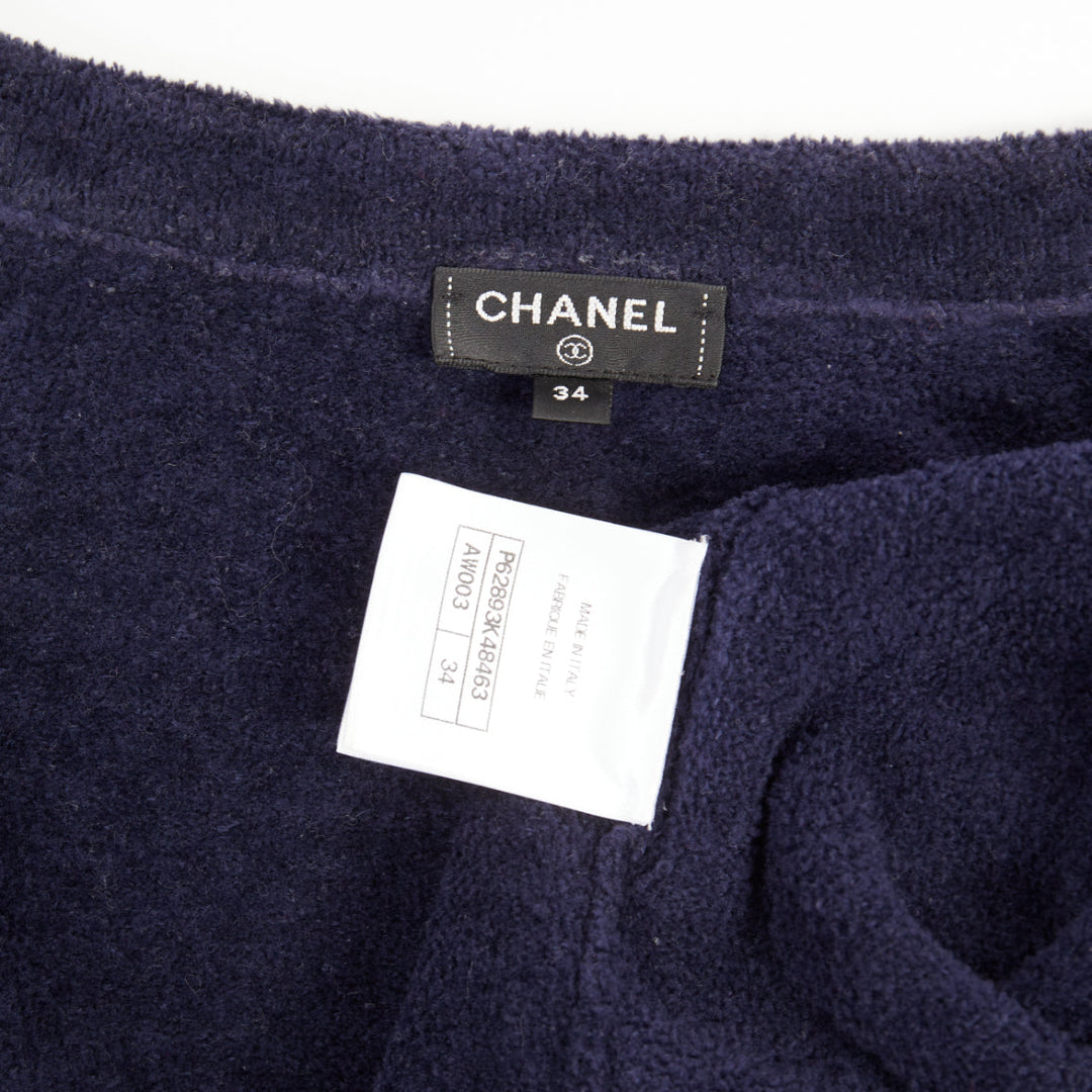 CHANEL 2020 navy cotton terry leather chain trim crop cardigan jacket FR34 XXS