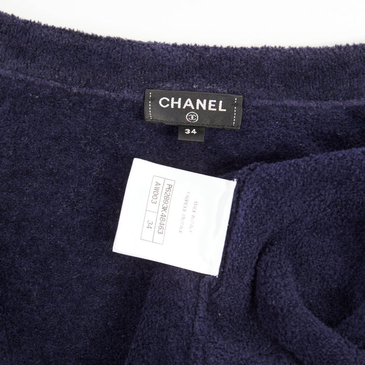 CHANEL 2020 navy cotton terry leather chain trim crop cardigan jacket FR34 XXS