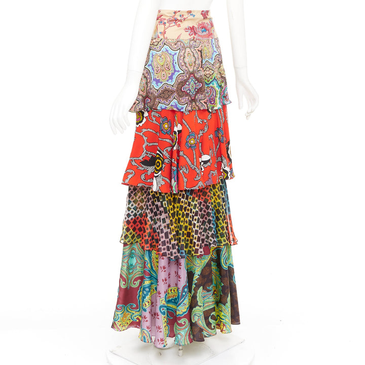 CHRISTIAN LACROIX Vintage tiered paisley patchwork silk bohemian skirt FR46 3XL