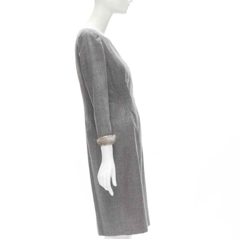 VALENTINO Vintage grey wool cashmere fur cuff pinched waist dress US8 M