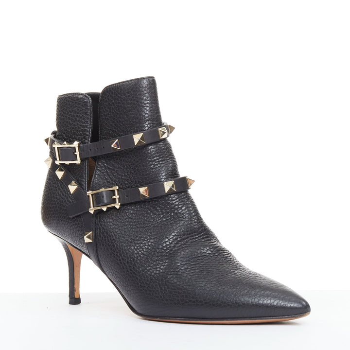 VALENTINO black textured calfskin gold buckle studded short ankle boots EU37