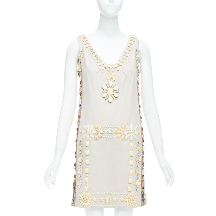 LANVIN BLANCHE beige cream heavily embellished bridal shift dress FR36 S