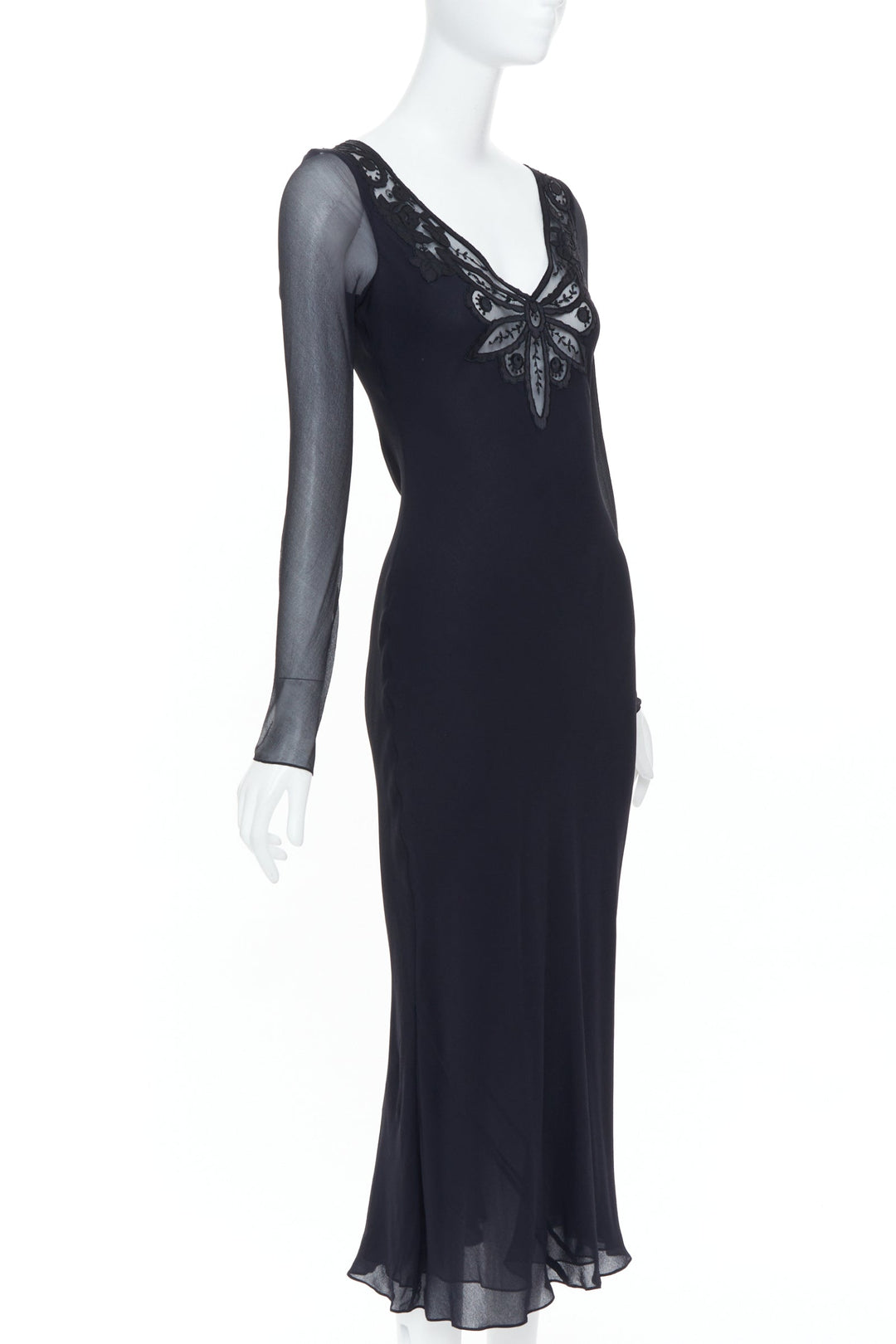 RALPH LAUREN Purple Label black butterfly lace applique cut out silk gown