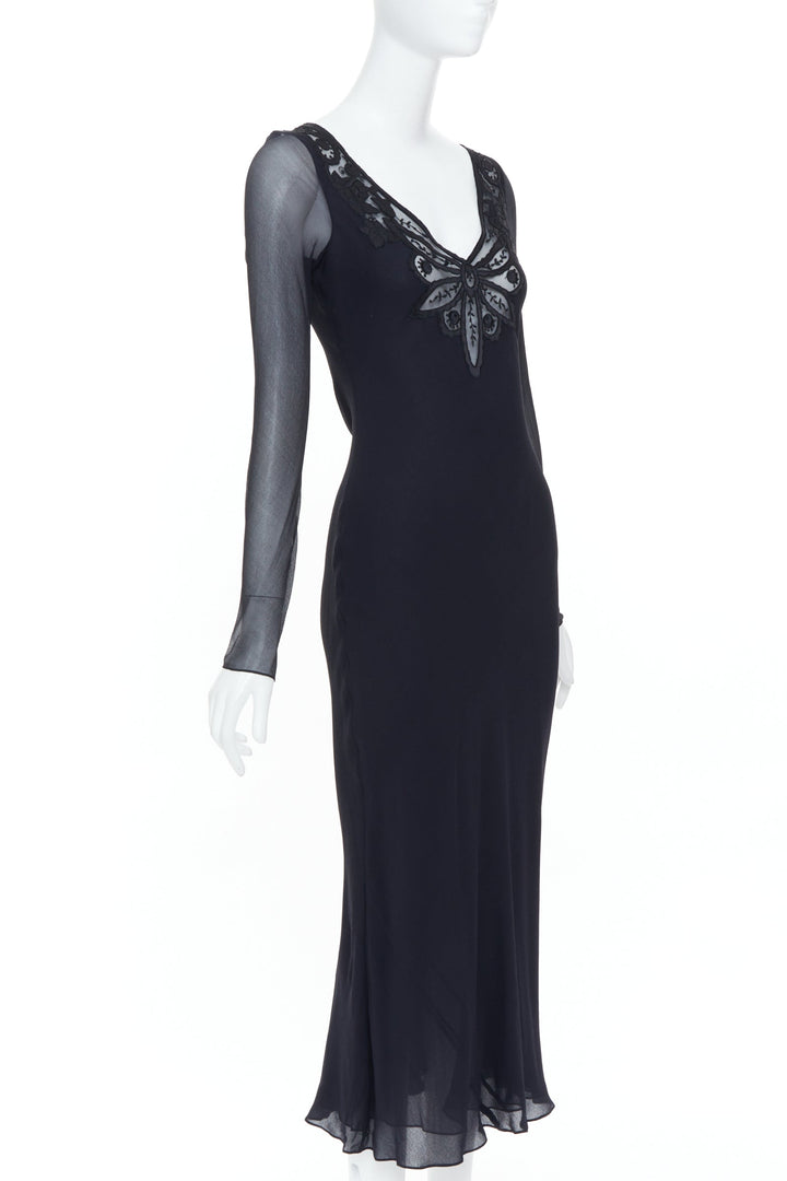 RALPH LAUREN Purple Label black butterfly lace applique cut out silk gown