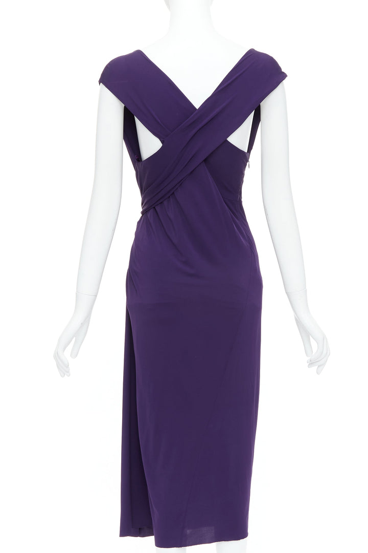 DONNA KARAN purple draped side knot criss cross back grecian dress L