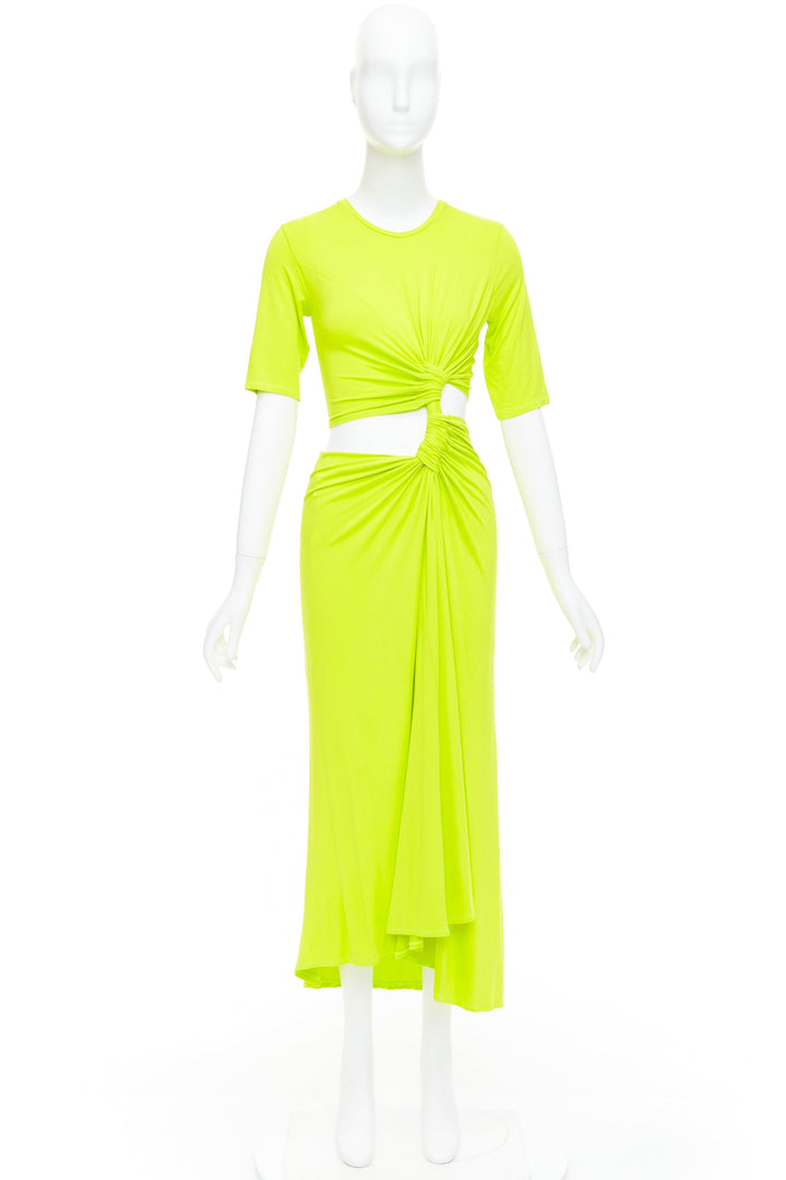 SID NEIGUM neon yellow stretch satin twist cut out draped dress XS