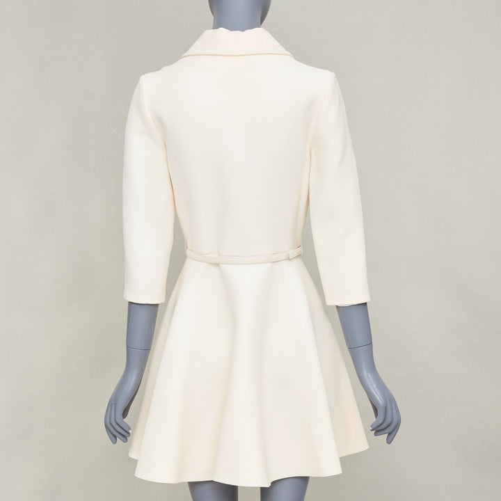 CHRISTIAN DIOR 2019 ivory wool silk zip front belted flared mini dress FR36 S