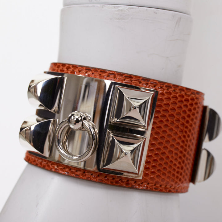HERMES Collier de Chien tan brown salvage lizard silver medor cuff bracelet