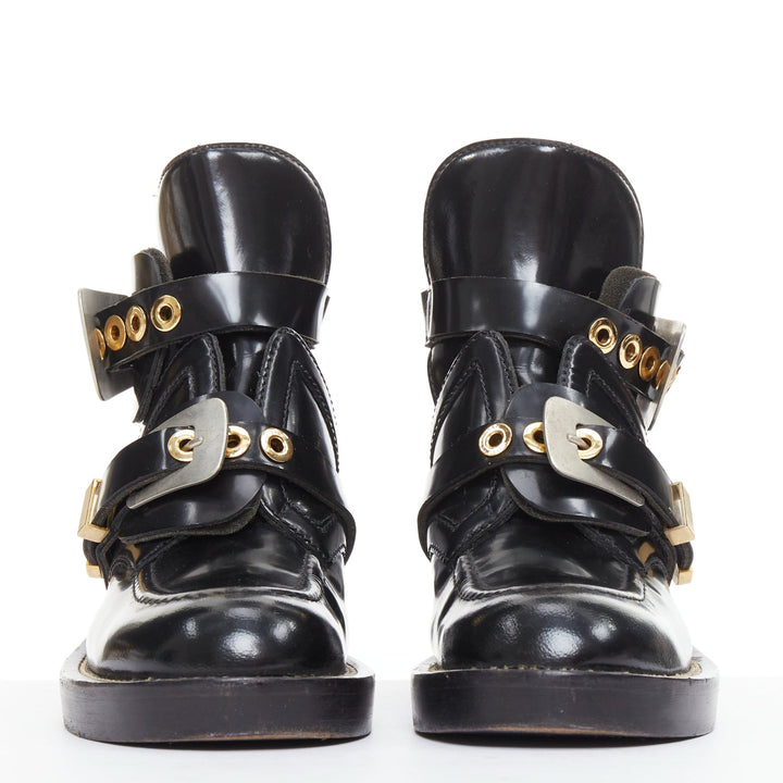 BALENCIAGA Ceinture black mixed metal hardware black cut out moto boots EU35.5