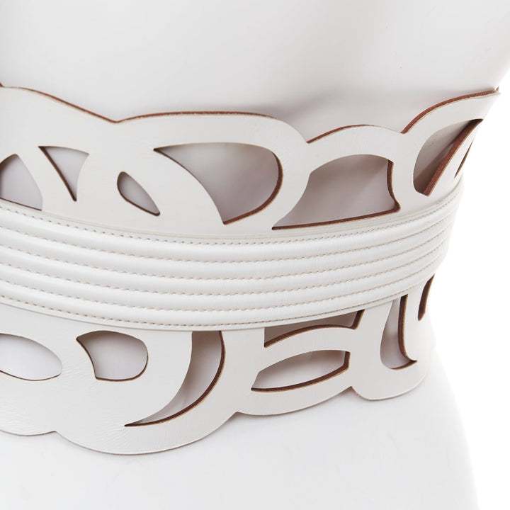 ALAIA  white leather romantic swirl laser cut out corset wide belt 65cm