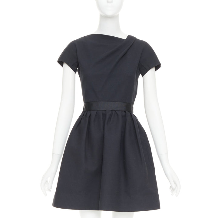 VICTORIA BECKHAM Dress N91 black cotton blend gathered crepe belted dress UK8 S