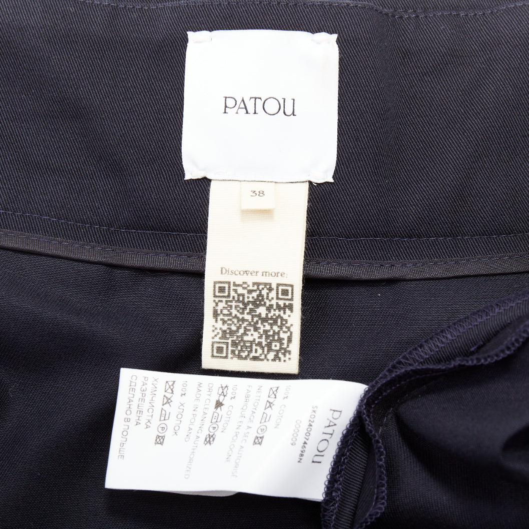 PATOU navy cotton front button box pleat belted flared mini skirt FR38 M