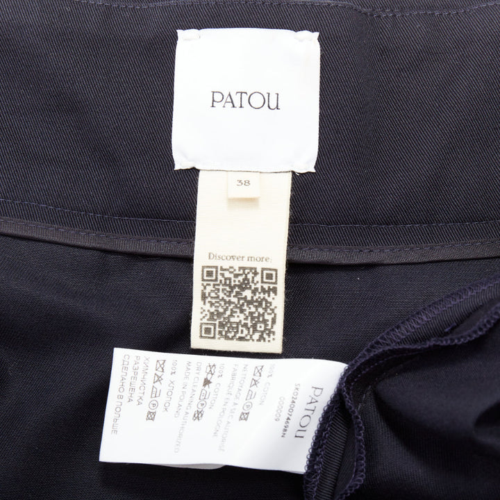 PATOU navy cotton front button box pleat belted flared mini skirt FR38 M
