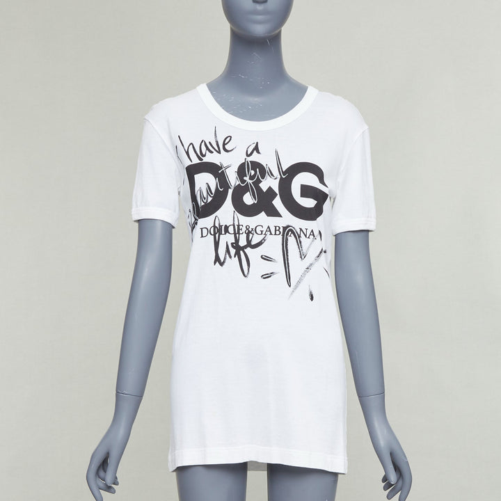 DOLCE GABBANA white cotton Beautiful D&G Life print tshirt IT36 XS