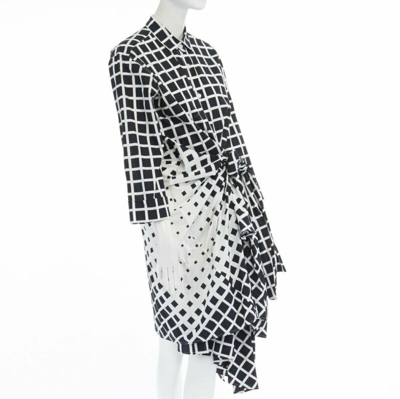 DRIES VAN NOTEN 2009 Runway black white checked wrap bustle knot dress FR36 S