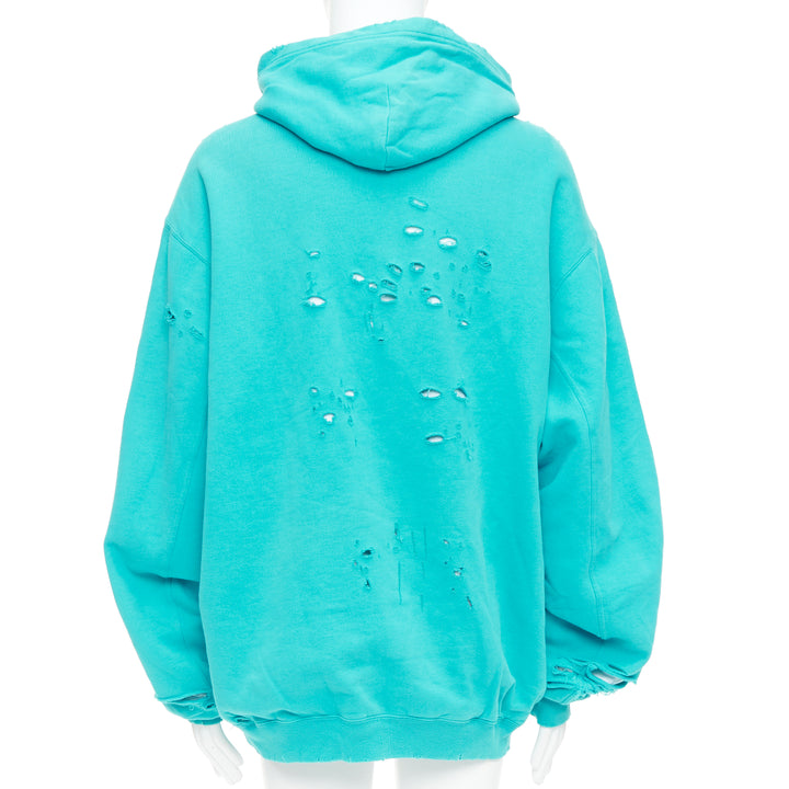 BALENCIAGA Demna 2020 teal destroyed ripped layered logo hoodie S