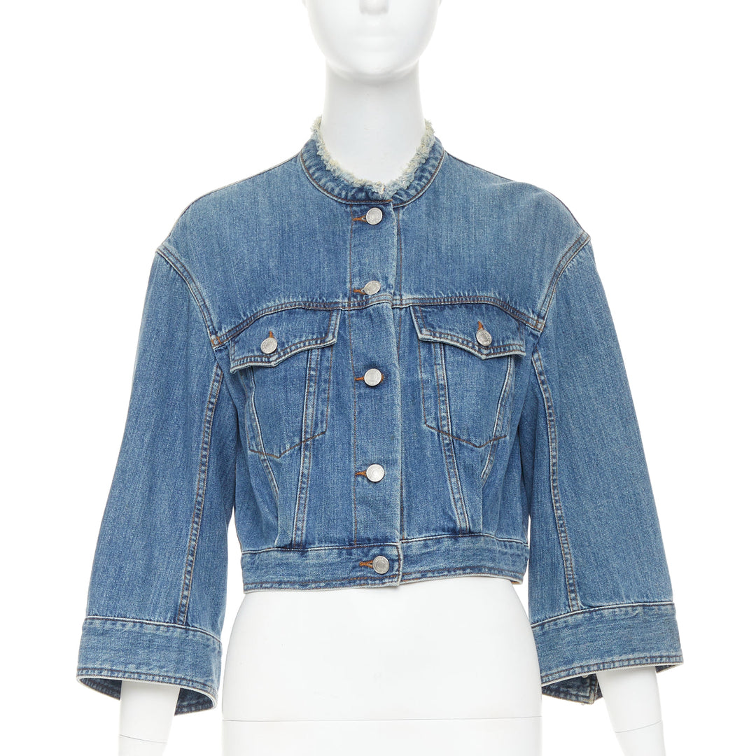 DRIES VAN NOTEN 2017 blue washed distressed 3/4 sleeve crop denim jacket FR38 M