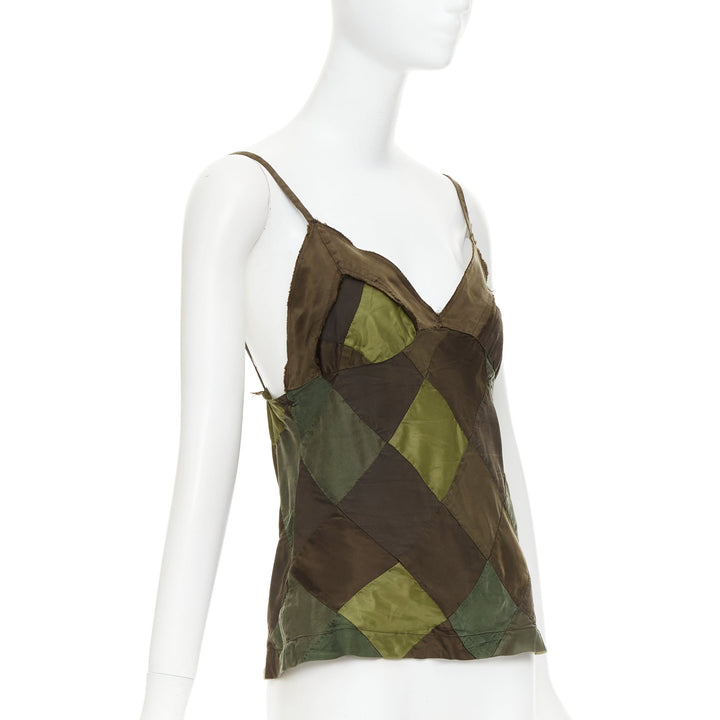 COMME DES GARCONS TRICOT 2003 green camo grid patchwork camisole tank top S