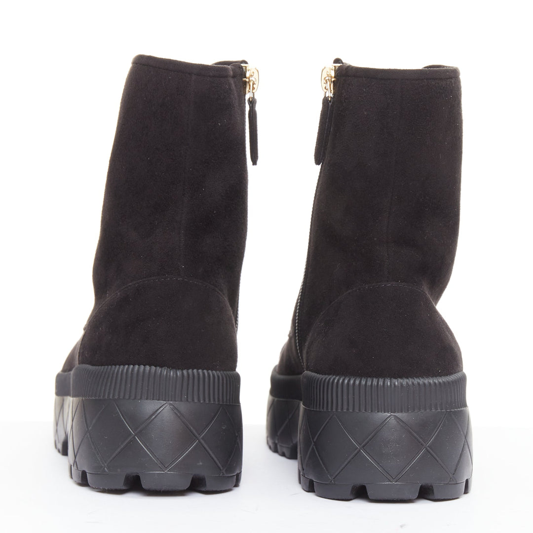 CHANEL 2023 black quilted suede silver CC cap toe platform combat boots EU37.5