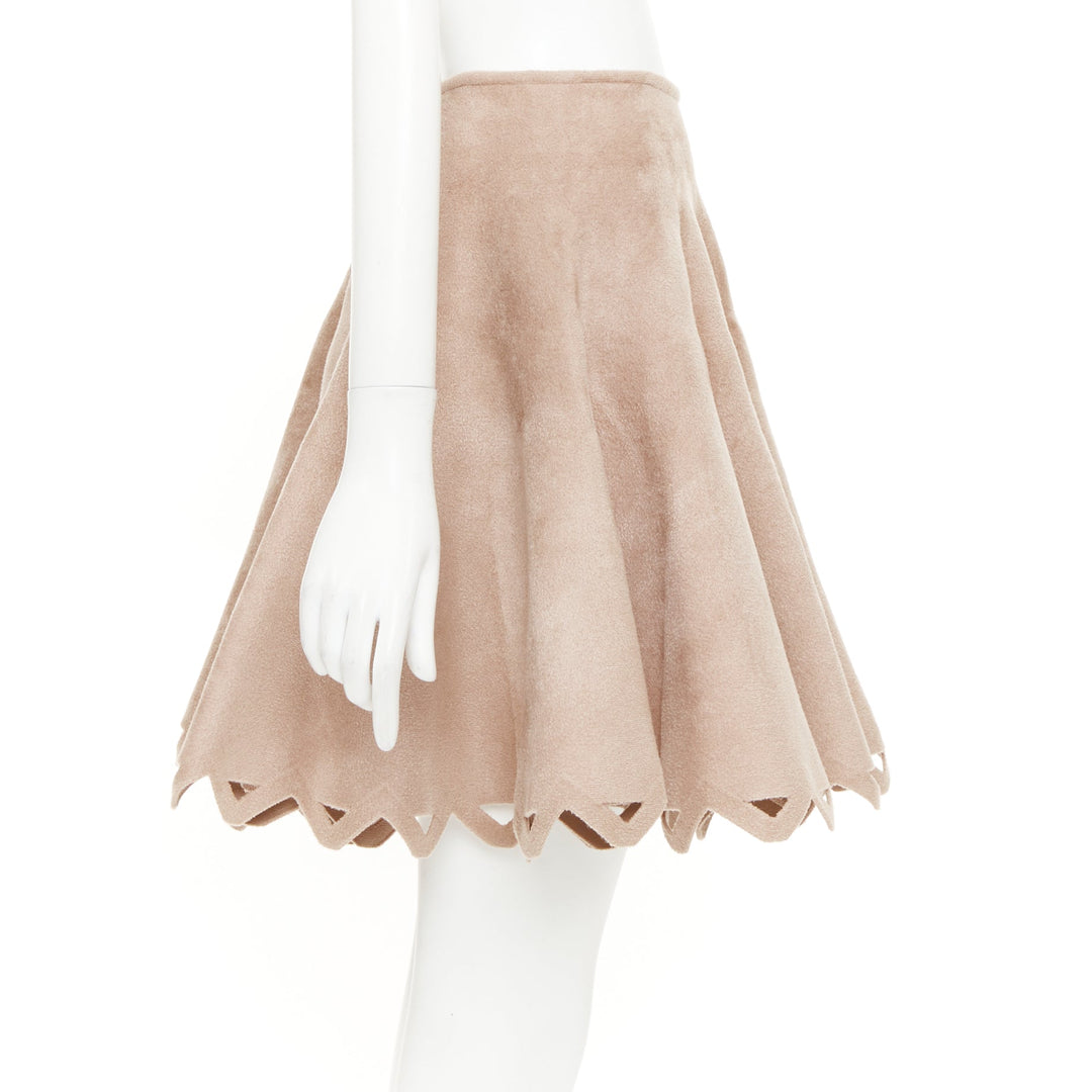 ALAIA nude beige wool velour laser cut hem flared skater skirt FR38 M