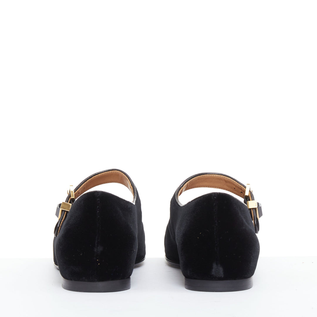 THE ROW Ava Mary Jane black velvet stone obsidian gold hardware flats EU37.5