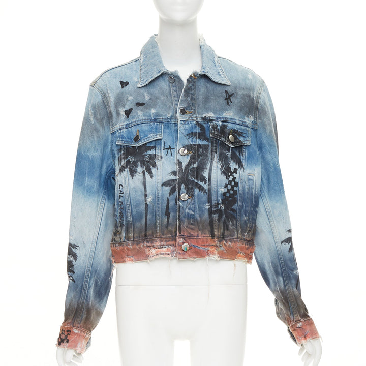 AMIRI 2017 Palm Tree Sunset airbrush blue distressed denim trucker jacket XS