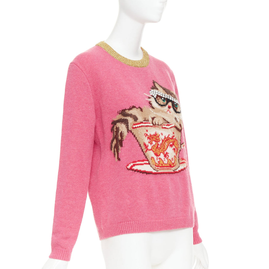 GUCCI 2018 Runway Ignasi Monreal Cat in Teacup pink wool knit sweater S