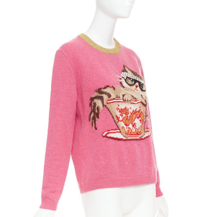 GUCCI 2018 Runway Ignasi Monreal Cat in Teacup pink wool knit sweater S