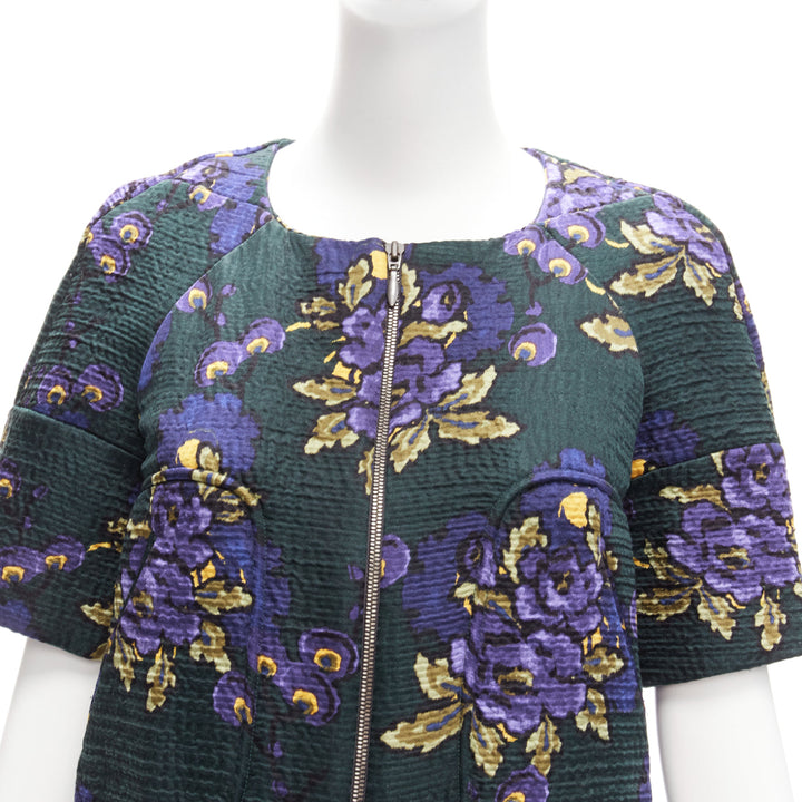 MARNI green purple wool silk cloque floral print zip coat dress IT38 XS