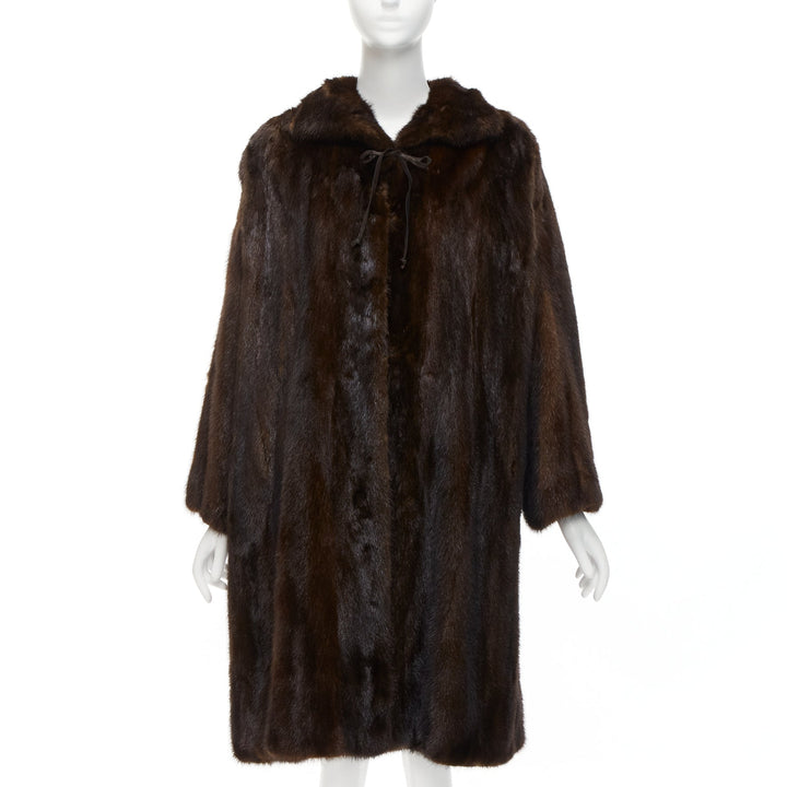 UNLABELLED dark brown genuine fur tie collar longline long sleeve jacket coat