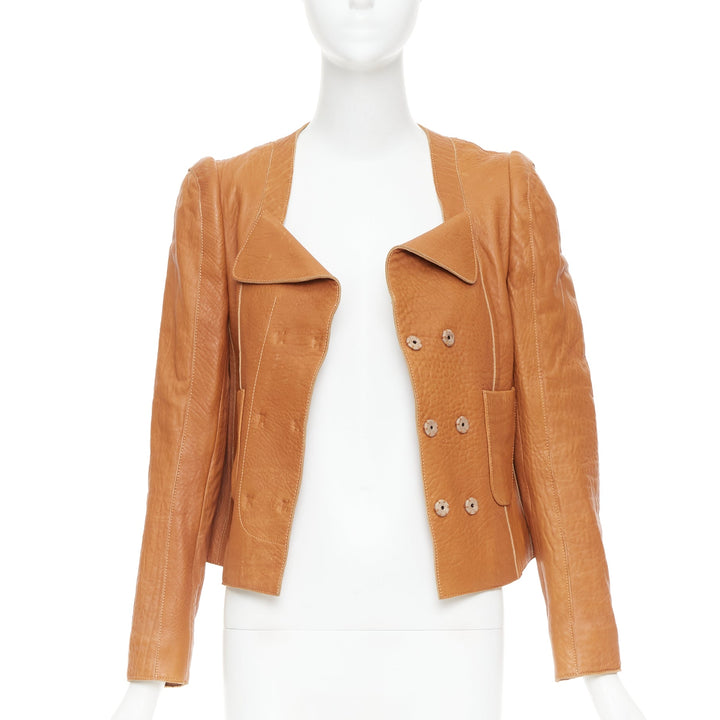 CARVEN 2011 tan brown pebble textured leather square neck crop jacket FR38 M