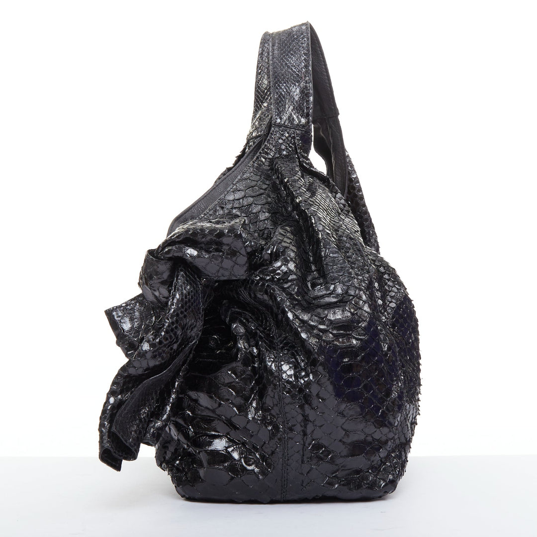VALENTINO black shiny snakeskin leather bow side shoulder hobo bag