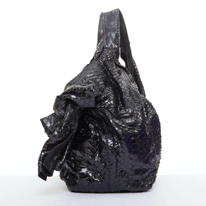 VALENTINO black shiny snakeskin leather bow side shoulder hobo bag