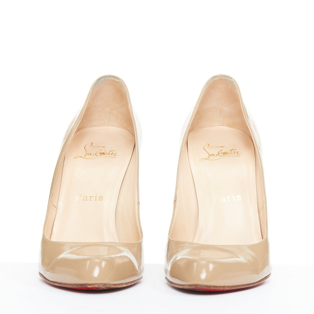 CHRISTIAN LOUBOUTIN taupe nude patent leather stiletto almond pumps EU38