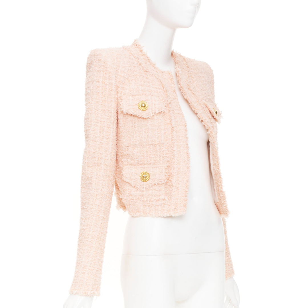 BALMAIN 2023 Pink Collarless Frayed Hem Four Pocket Cropped Tweed jacket FR34 XS