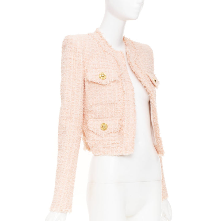 BALMAIN 2023 Pink Collarless Frayed Hem Four Pocket Cropped Tweed jacket FR34 XS