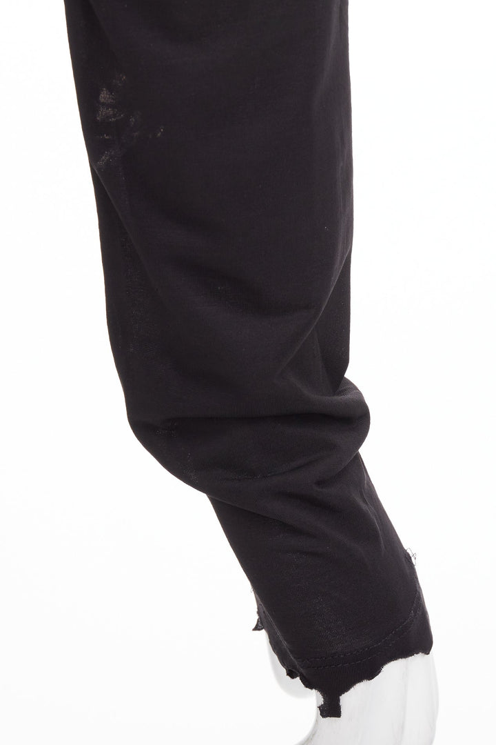 DONNA KARAN black jersey sheer mesh raglan drape plunge high low dress L