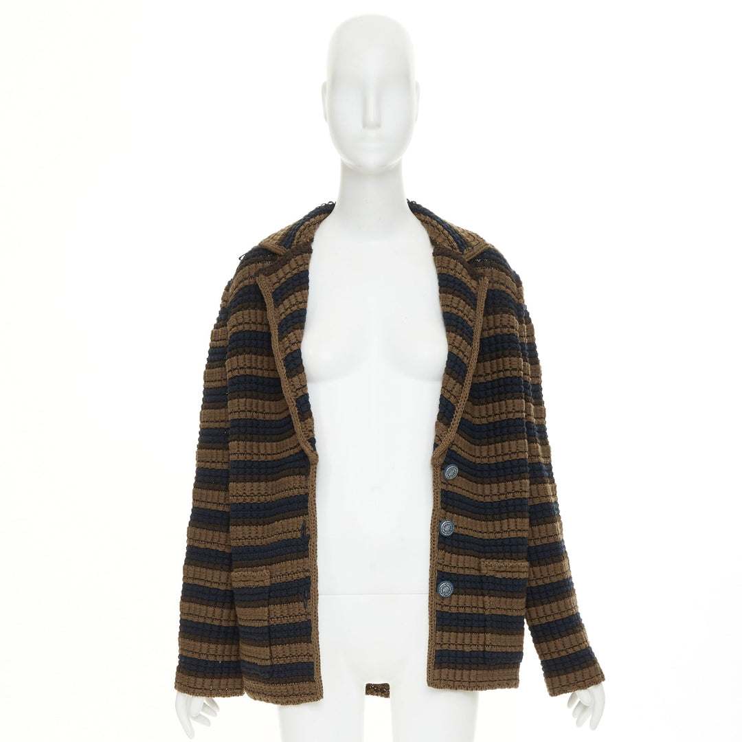 CHANEL striped textured knit brown navy wool cotton jacket FR36 S