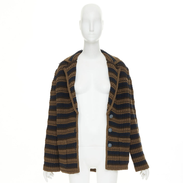 CHANEL striped textured knit brown navy wool cotton jacket FR36 S