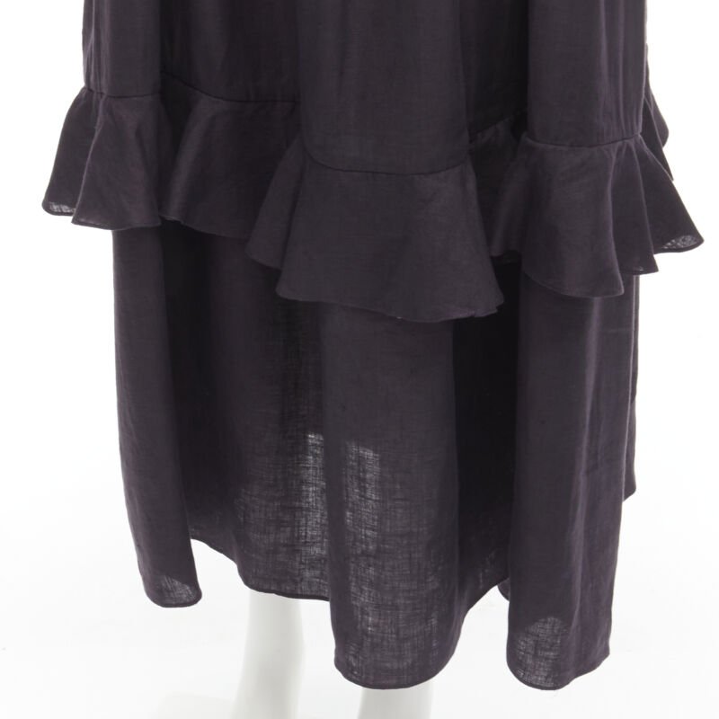 THREE GRACES LONDON black washed cotton pelated bust frill trim maxi dress UK8 S