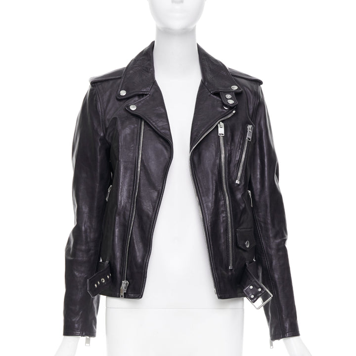 SAINT LAURENT 2016 L17 black calfskin leather buckled moto biker jacket FR44 XS