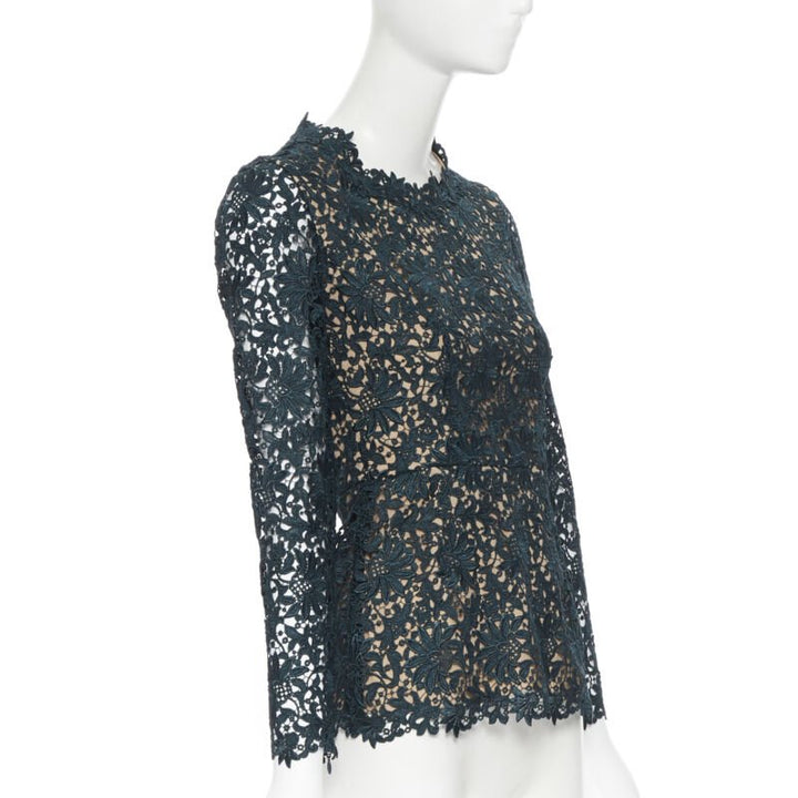 STELLA MCCARTNEY 2013 green floral guipure lace fitted waist lined top IT36 XS