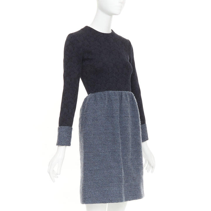 THE ROW black grey wool blend floral jacquard boucle zip trim midi dress US2 S