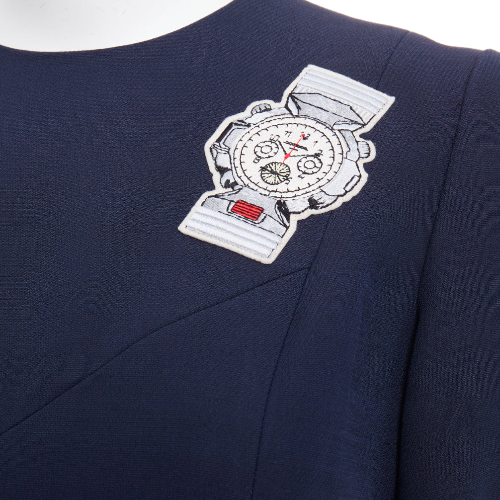 LOUIS VUITTON 2018 navy wool silk electronics embroidered patched dress FR38 M