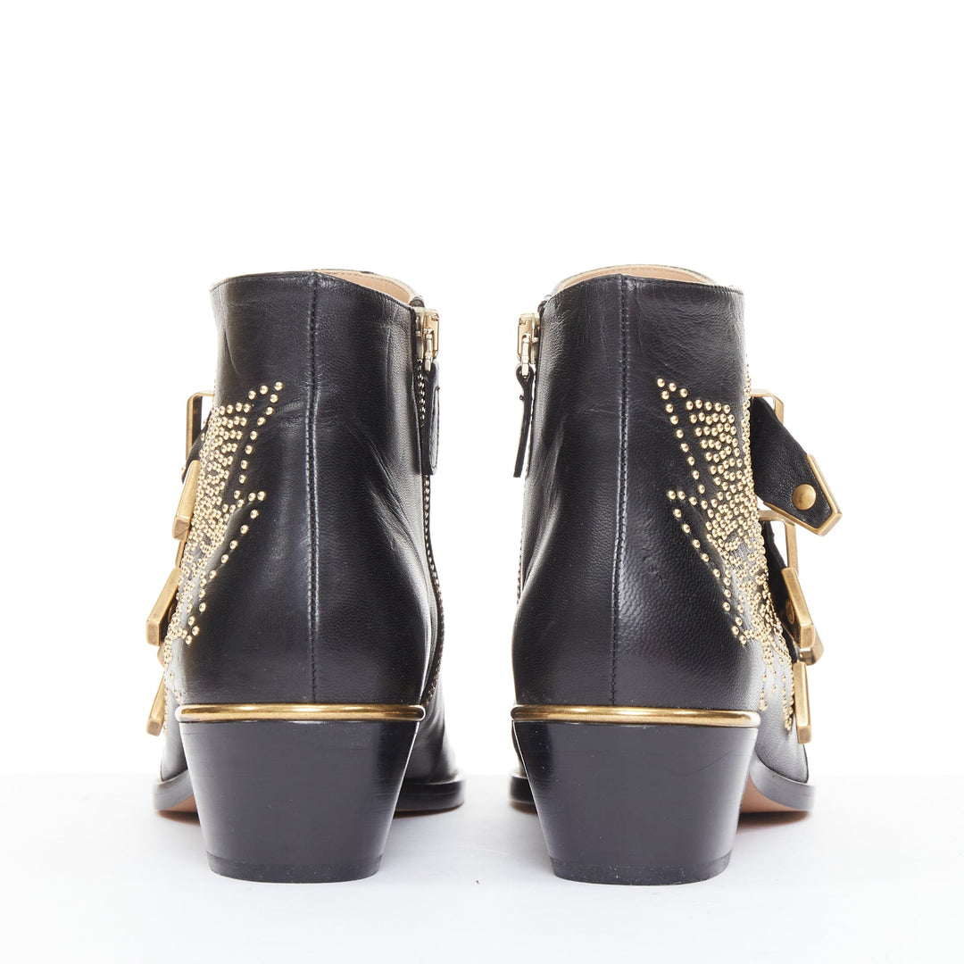CHLOE Susanna black leather gold floral studded buckles grunge ankle boots EU36