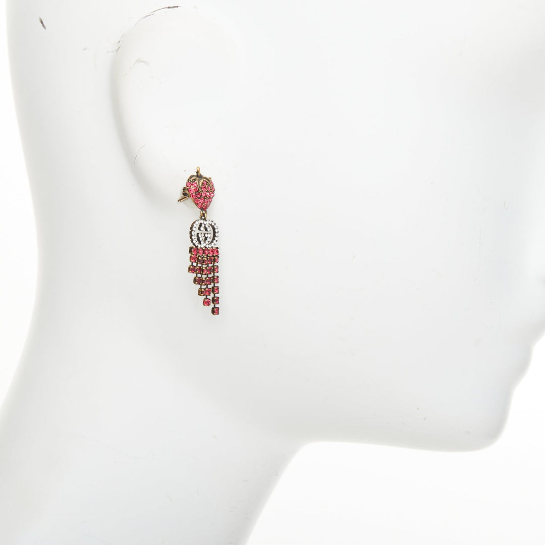 GUCCI 2019 GG crystal strawberry pink rhinestone tiered fringe earrings Pair